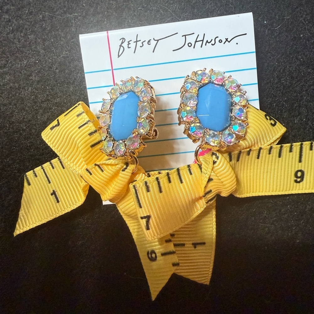 BETSEY JOHNSON Back to School Ribbon Ruler and Crystal Gemstone Earrings NEW NWT